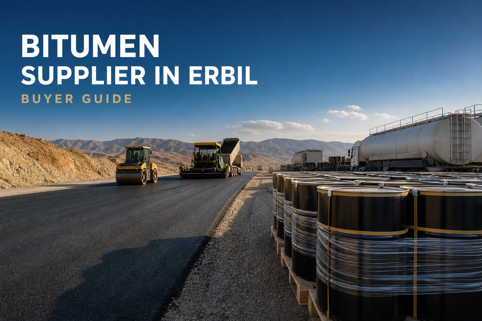 Organized bitumen drums beside asphalt paving equipment on a new road in the mountainous Kurdistan Region near Erbil