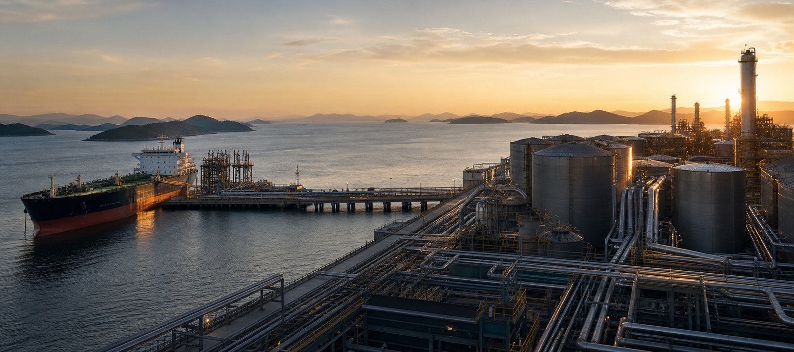 Petroleum terminal with storage tanks, loading jetty, and tanker at sunset