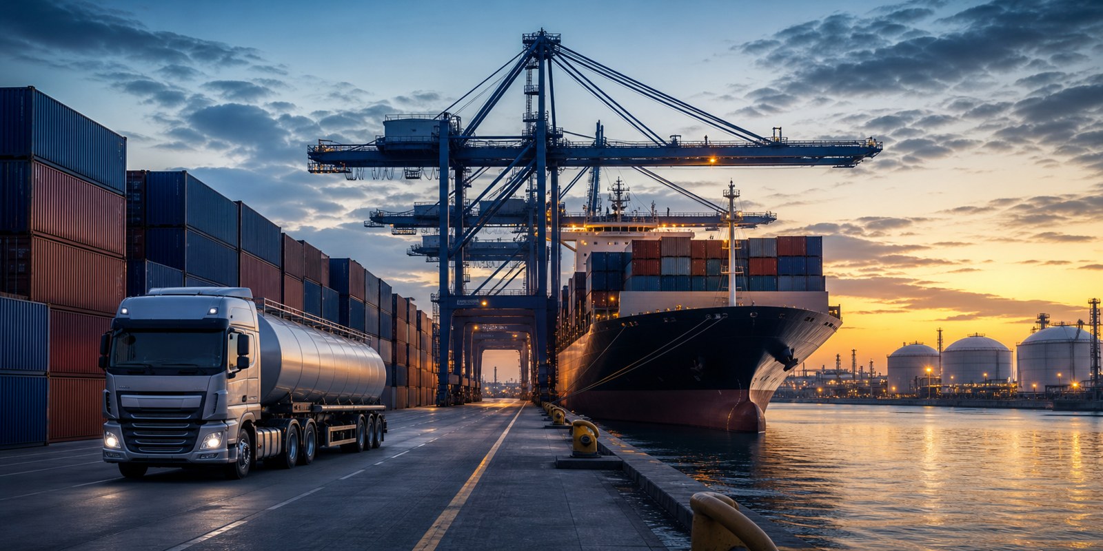 Tanker truck, container vessel, port cranes, and petroleum storage tanks at a logistics terminal