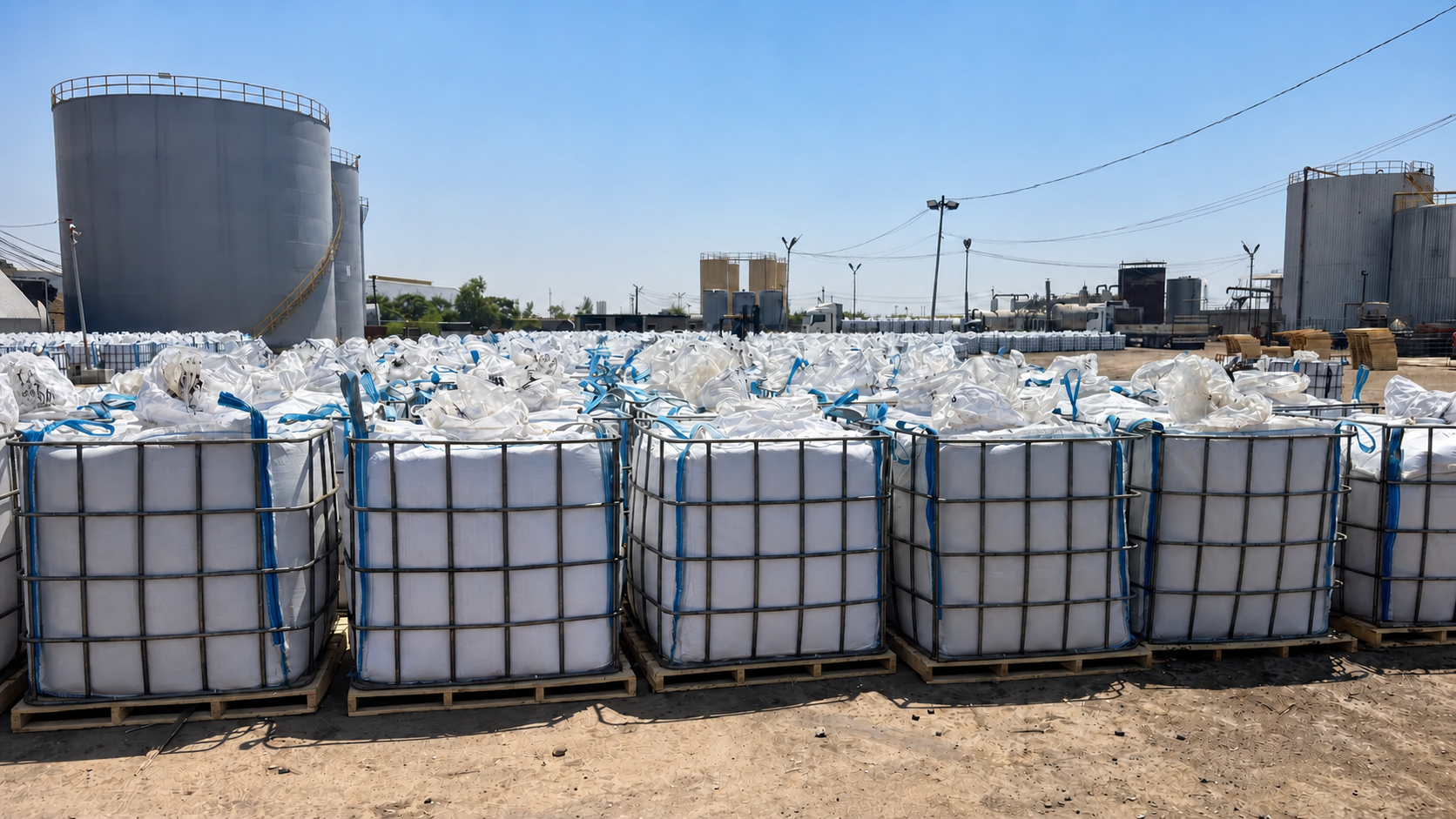 Jumbo bags prepared in metal transport frames at an industrial storage facility