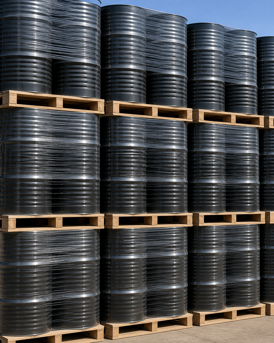 Black steel drums neatly wrapped and aligned on wooden pallets