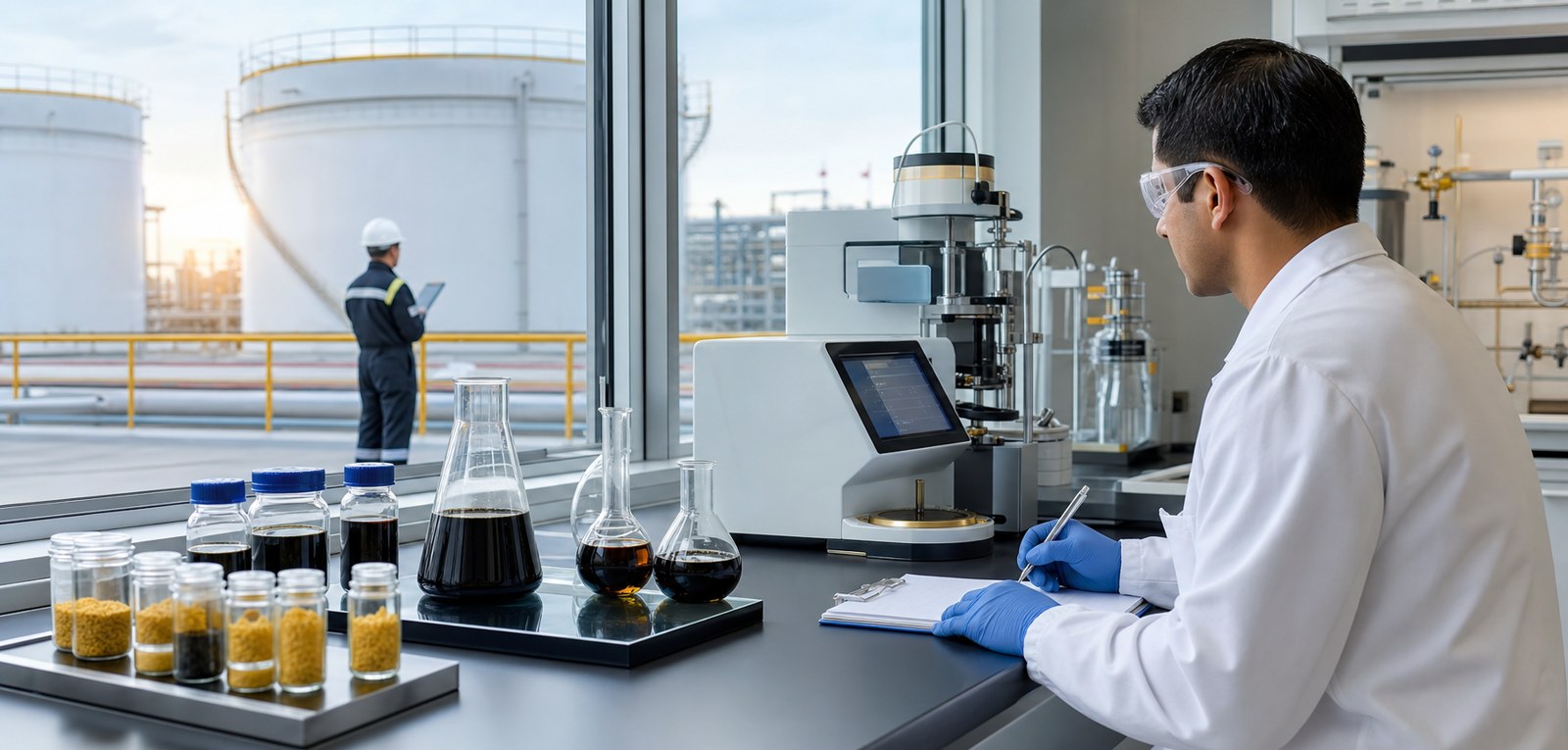 Laboratory technician reviewing petroleum samples beside test equipment with storage tanks outside