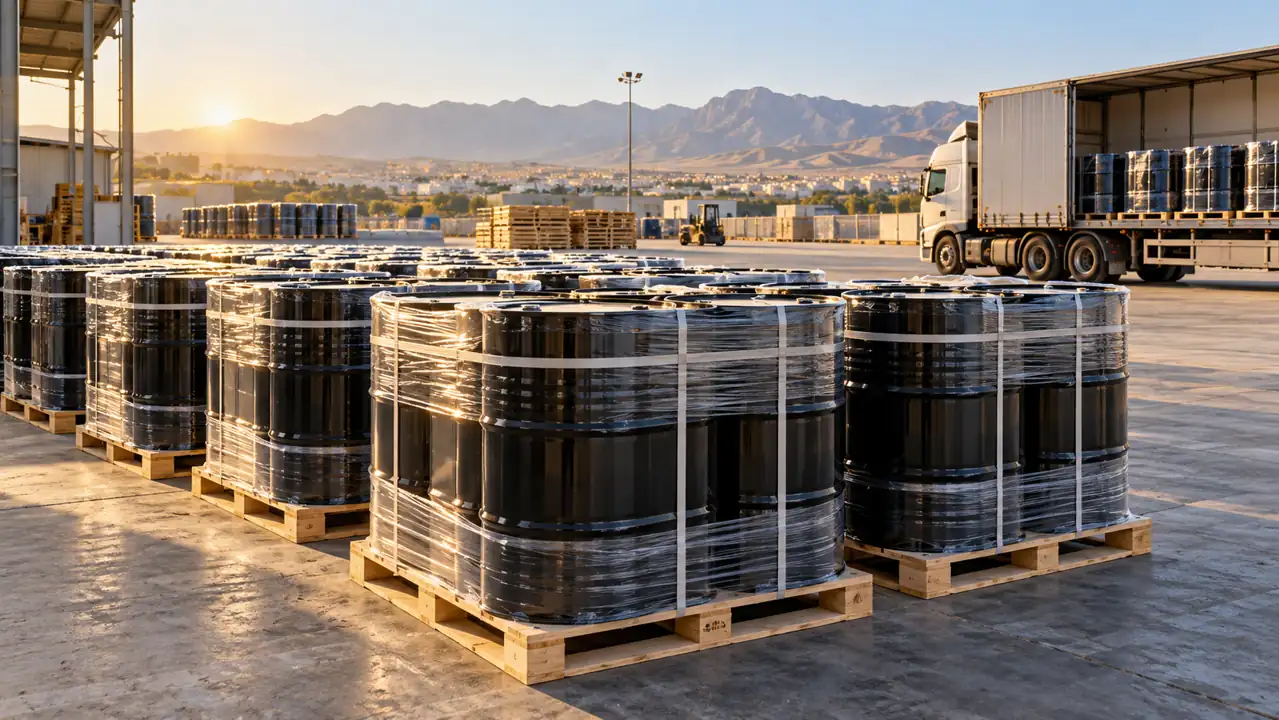 Palletized steel drums prepared for Iraq bitumen 50/70 export from an Erbil logistics yard