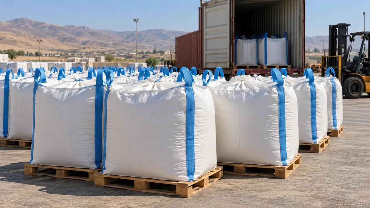 White jumbo bags of Iraq bitumen 50/70 on pallets beside a shipping container at an Erbil export yard